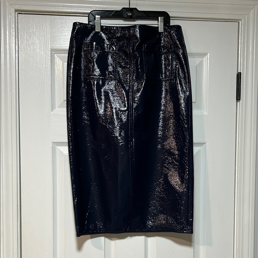 J. Crew Patch Pocket No. 3 Navy Blue Faux Patent Leather Pencil Skirt NWT